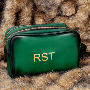 Bespoke Green Hand-Painted Initial Leather Kit Bag Embossed Lion with Sling Strap by Brune & Bareskin