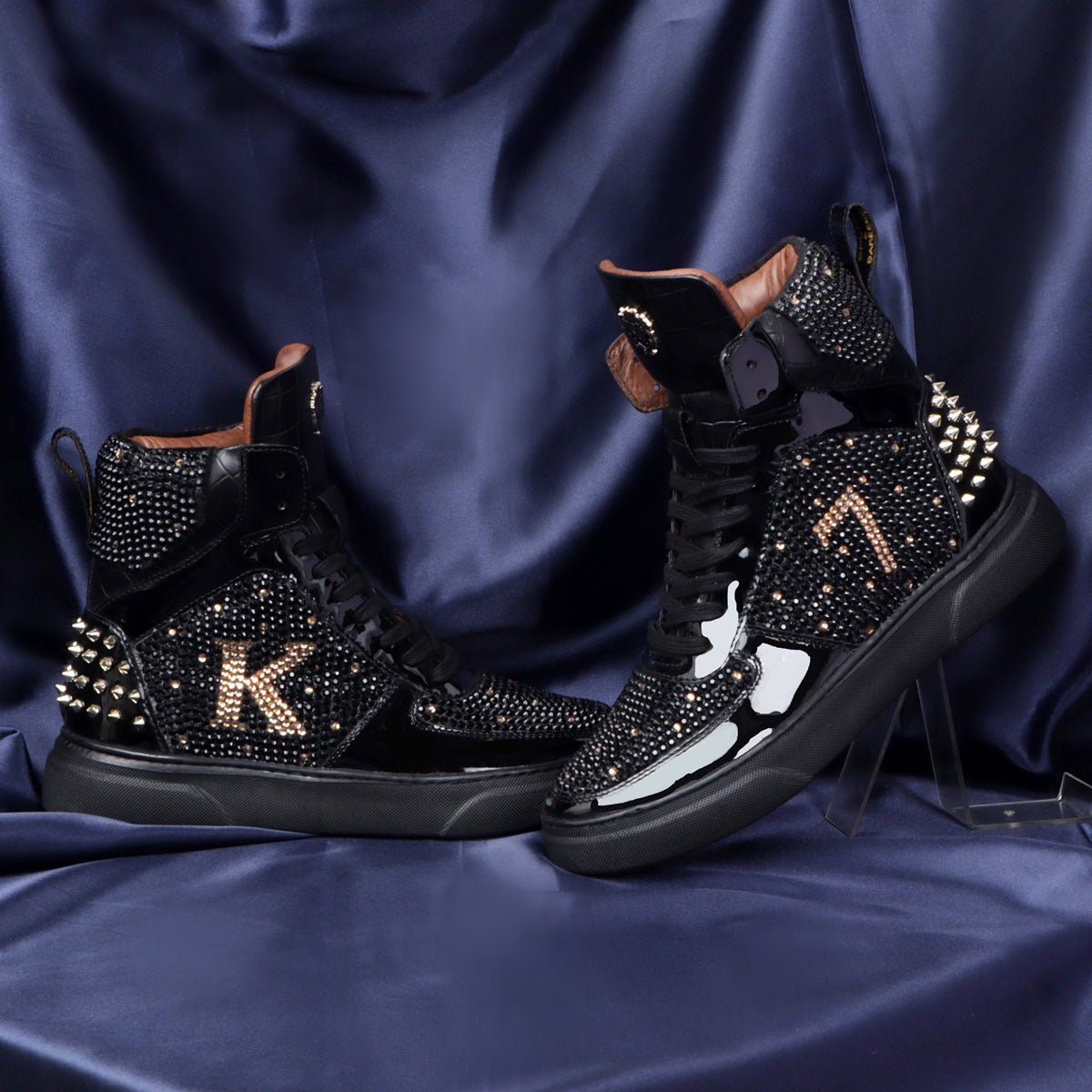 Customized "K7" Initial Black and Golden Swarovski Crystal Zardosi Patent Leather Sneakers with Golden Stud by Brune & Bareskin