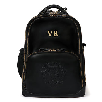 Customized Initial Embossed Lion Black Leather Multi-Pocket Backpack By Brune & Bareskin