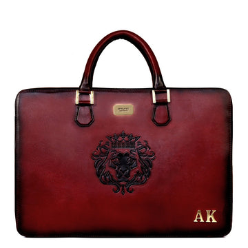 Personalized Name Initial Wine Leather Embossed Lion Laptop Office Briefcase With Extra Compartment by Brune & Bareskin