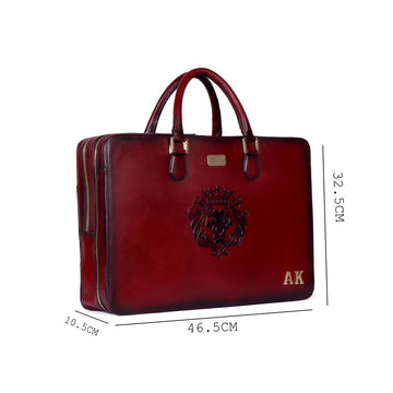 Personalized Name Initial Wine Leather Embossed Lion Laptop Office Briefcase With Extra Compartment by Brune & Bareskin