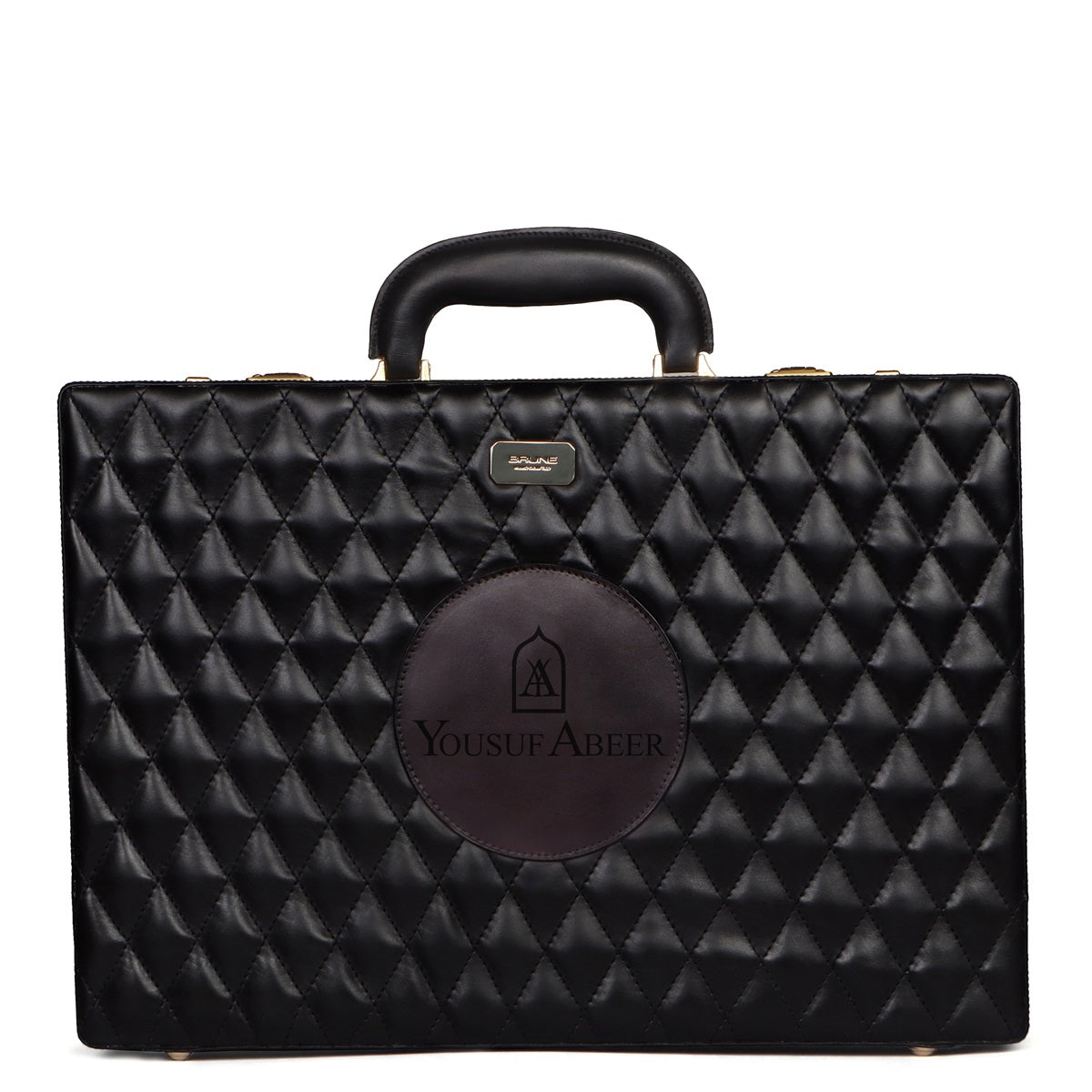 Customized Laser Initial Diamond Stitched Black Leather office briefca