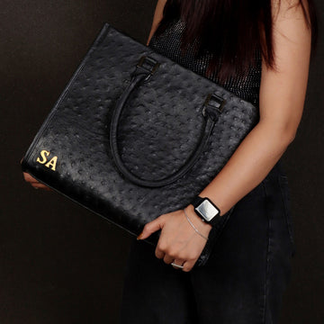 Personalized Large Hand Bag/Shopping Bag Black Real Ostrich Leather Button Closure