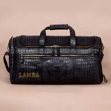 Bespoke 'LAMBA' Metal Initial Embossed Lion Smokey Grey Croco Textured Leather Duffle/Gym Bag by Brune & Bareskin