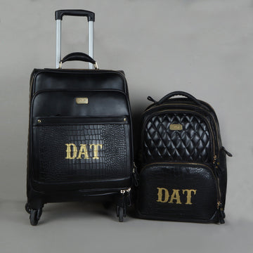 Customized 'DAT' Hand-Paint Initial Black Genuine Croco Print Diamond Stitched Leather Combo of Strolley Bag and Backpack by Brune & Bareskin