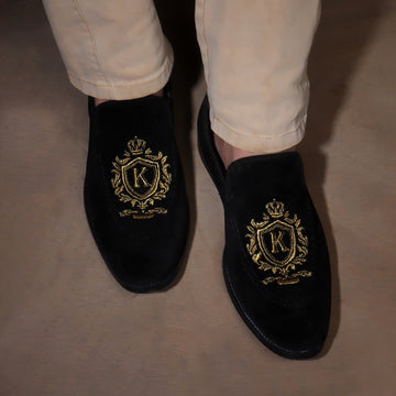 Bespoke Crown Crest Embroidered "K" Initial on Black Suede Leather Loafer By Brune & Bareskin