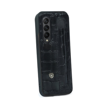 Customized "Extra Leather Space" Metal Lion Black Cut Croco Textured Leather Mobile Cover By Brune & Bareskin