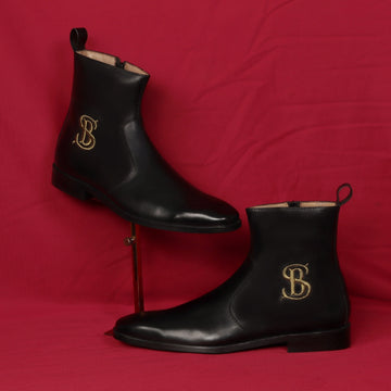 Bespoke "SB" Embroidered Initial High Ankle Hand Made Leather Boots With Rubber Sole By Brune & Bareskin