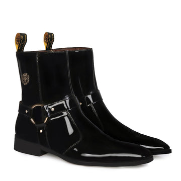 Bespoke Lion Black Patent Stylish Buckle Strap Side Zipper Chelsea Boots With Leather Sole by Brune & Bareskin