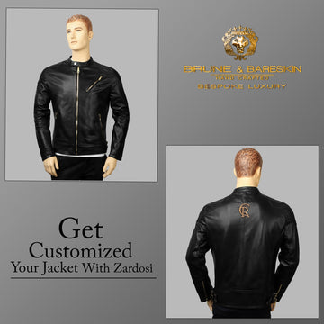 Customized "CR" Zardosi Initial Zip Closure Black Genuine Leather Biker Jacket by Brune & Bareskin
