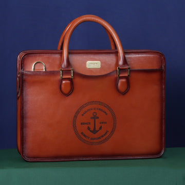 Customized Tan Darker Scritto Laser Initials and "Anchor Sign" Leather Laptop/Office Briefcase By Brune & Bareskin