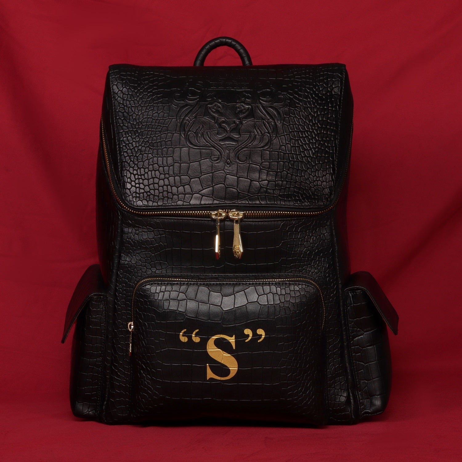 Bespoke "S" Hand-Painted Initial Embossed Lion Top Opening Black Croco Print Leather Backpack By Brune and Bareskin