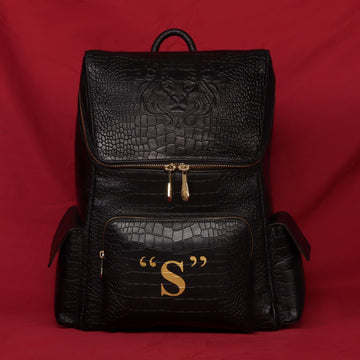 Bespoke "S" Hand-Painted Initial Embossed Lion Top Opening Black Croco Print Leather Backpack By Brune and Bareskin