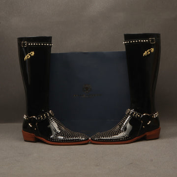 Customized Zardosi Initial Knee Hight Cuban Heel Metal Fleck Studded Buckle Black Patent Leather Zipper Boots By Brune & Bareskin