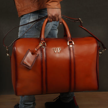 Customized 'VP' Metal Initial Handmade Tan Leather Duffle Bag With Bag Tag By Brune & Bareskin