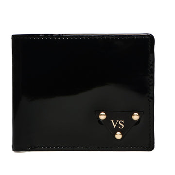 Bespoke Embossed Initial Riveted Multi Slot Black Patent Leather Bi-Fold Wallet