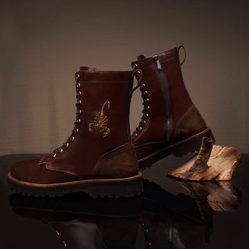 Customized Embroidered Scorpion Dark brown Leather and Suede Mens Long Boots By Brune & Bareskin