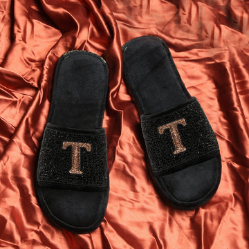Customized "T" Zardosi Intial with Rhinestone Beads Men's Slide-In-Slipper