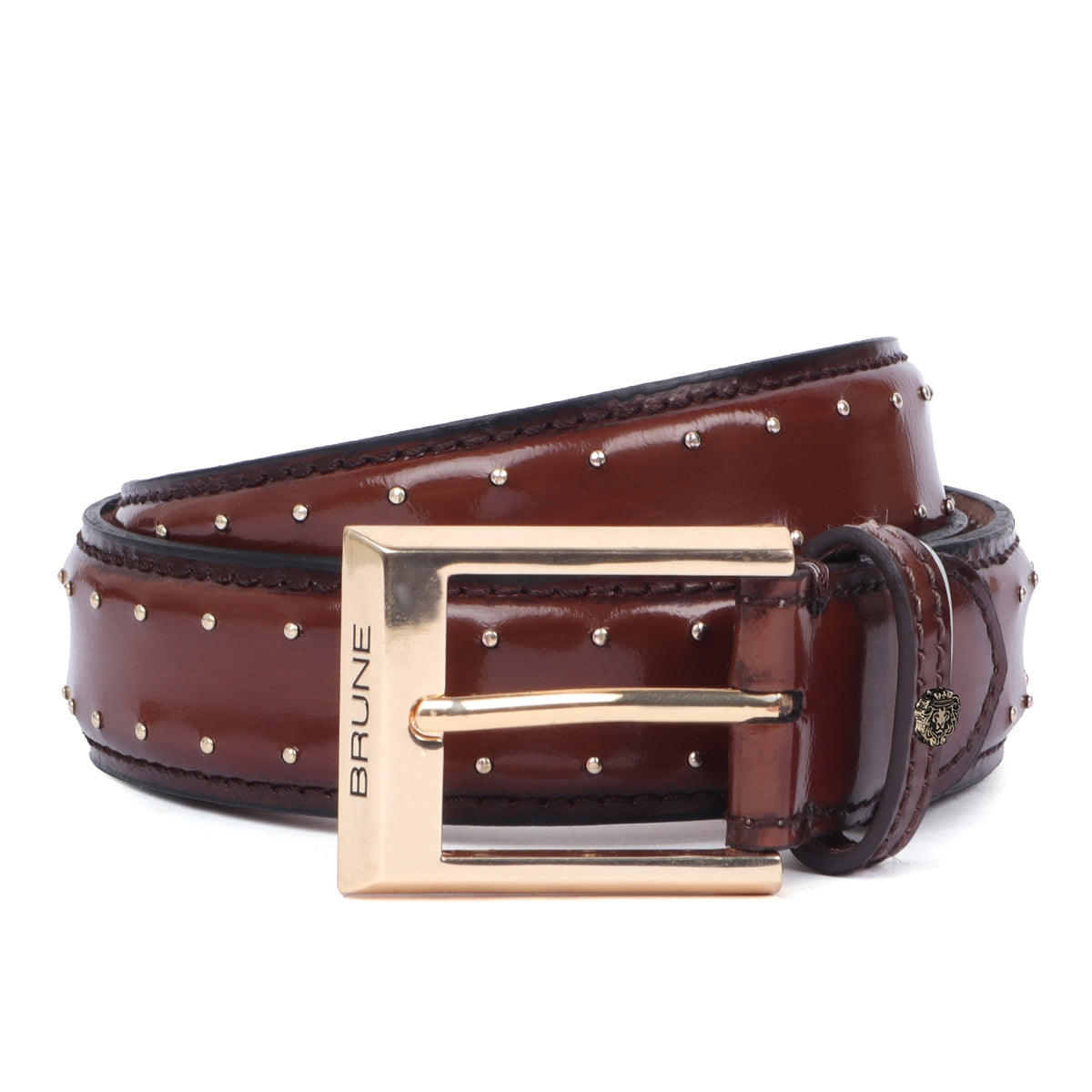 Brown Pint-Sized Stud Detailing Patent Leather Gold Finish Buckle Belts By Brune & Bareskin