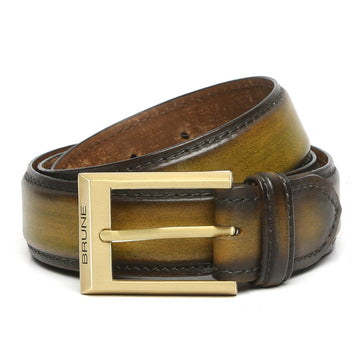 Olive Green Formal Belt For Men With Golden Mat Buckle Hand Painted Leather