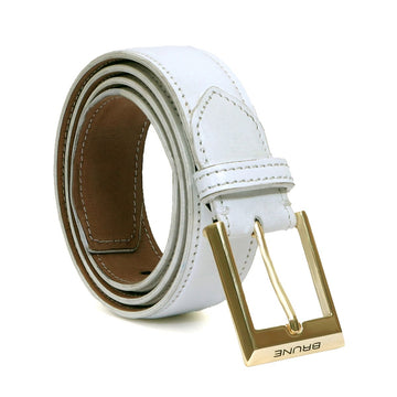 Men's White Hand Painted Leather formal Belt with Golden Square Buckle By Brune & Bareskin
