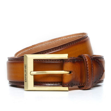 Tan With Matte Gold Square Buckle Hand Painted Leather Formal Belt For Men By Brune & Bareskin