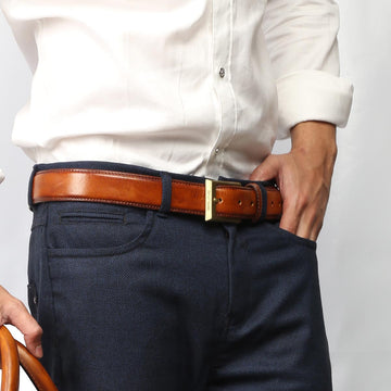 Tan With Matte Gold Square Buckle Hand Painted Leather Formal Belt For Men By Brune & Bareskin
