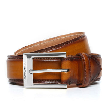 Brune & Bareskin Tan With Silver Square Buckle Hand Painted Leather Formal Belt For Men
