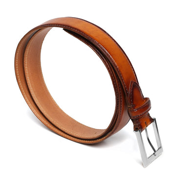 Brune & Bareskin Tan With Silver Square Buckle Hand Painted Leather Formal Belt For Men