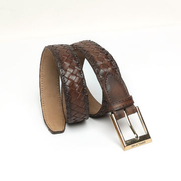 Dark Brown Leather Belt Full Hand Weaved Shiny Golden Buckle By Brune & Bareskin