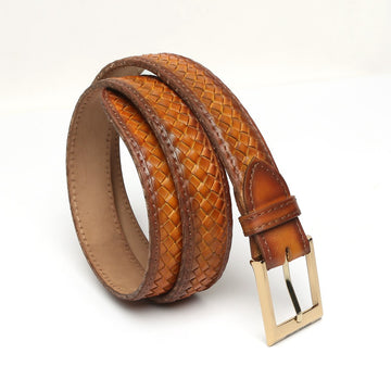 Tan Belt Full Hand Weaved Shiny Golden Buckle Leather