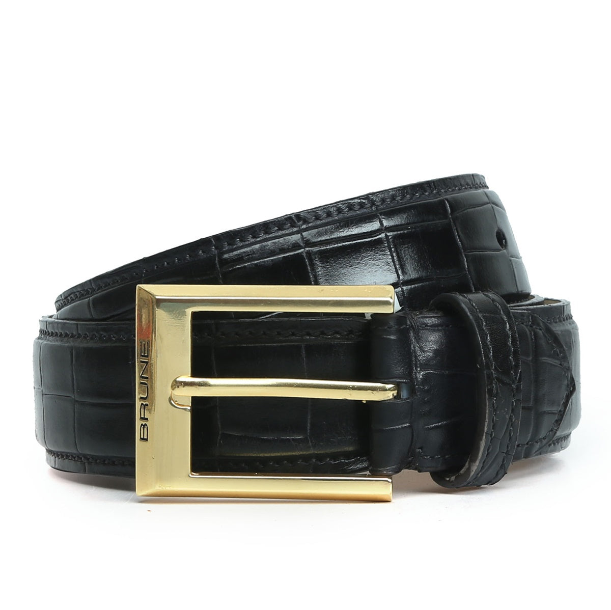 Black Deep Cut Croco Leather Golden Buckle Belt By Brune & Bareskin