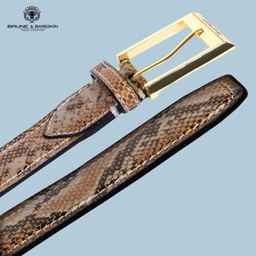 Square Gold Finish Buckle Belt in Brown Snake Skin Textured Leather By Brune & Bareskin