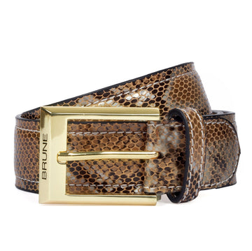 Square Gold Finish Buckle Belt in Brown Snake Skin Textured Leather By Brune & Bareskin
