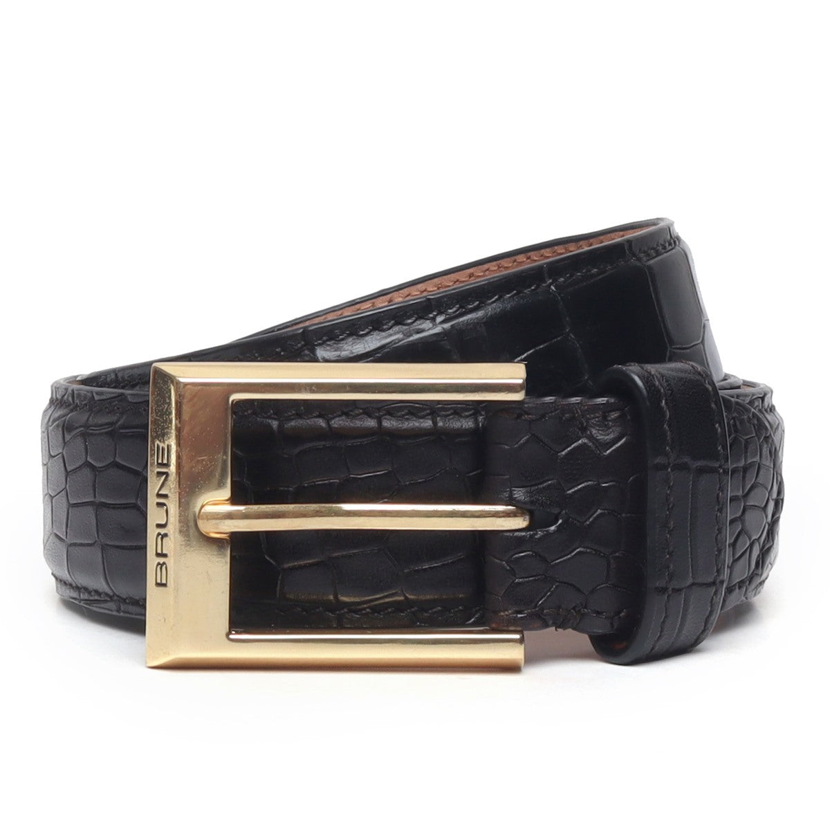 Hand Painted Leather Formal Belt Black Croco With Golden Square Buckle By Brune & Bareskin