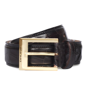 Golden Square Buckle Dark Brown Croco With Hand Painted Leather Formal Belt By Brune & Bareskin