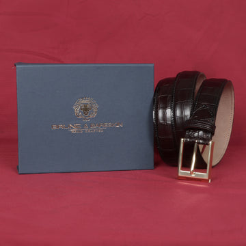 Golden Square Buckle Dark Brown Croco With Hand Painted Leather Formal Belt By Brune & Bareskin