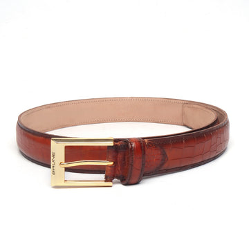 Tan Croco With Golden Square Buckle Hand Painted Leather Formal Belt By Brune & Bareskin