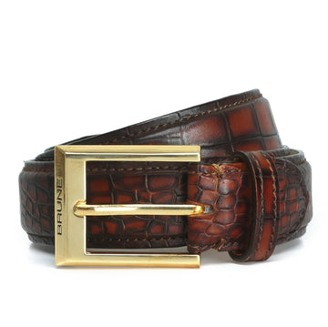 Smokey Finish Belt in Cognac Deep Cut Leather with Golden Buckle