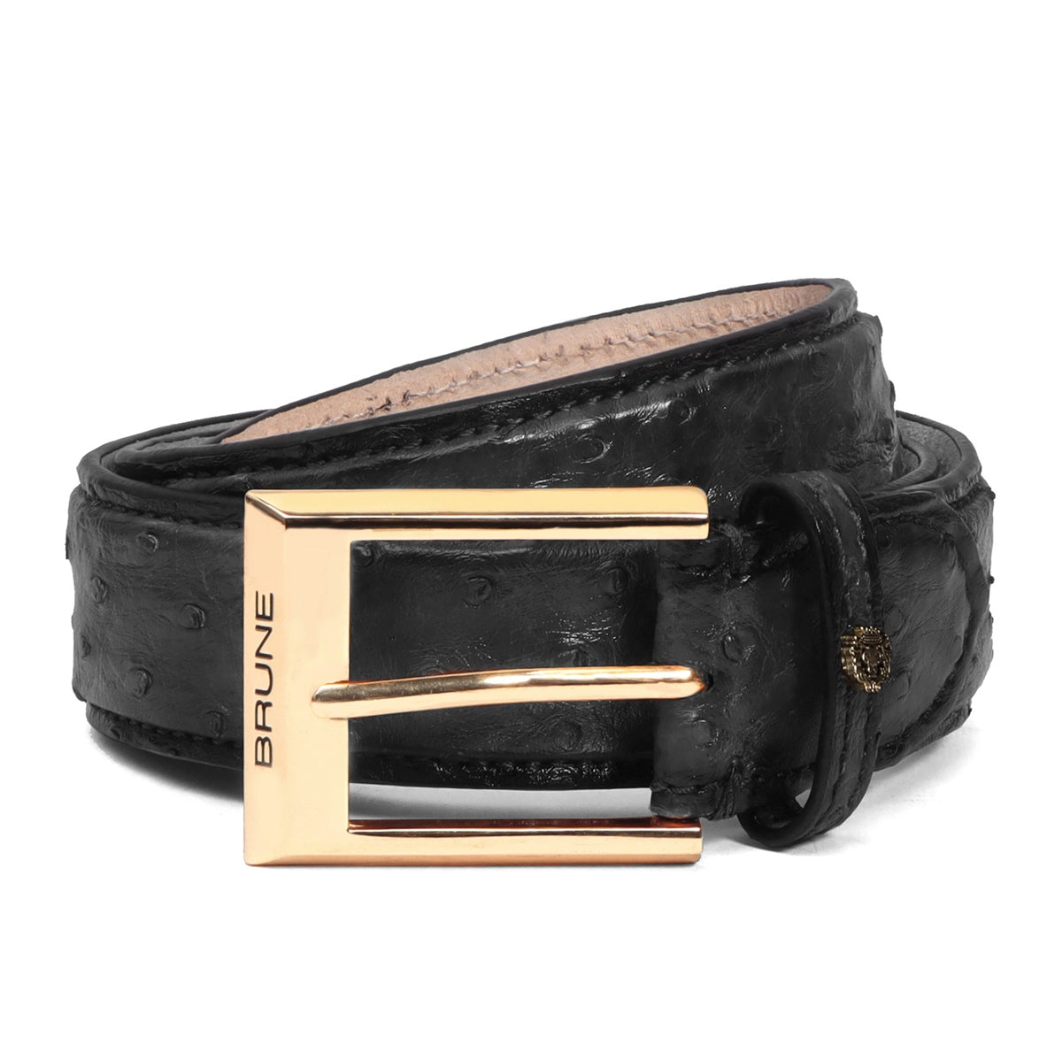 Black Authentic Ostrich Leather Belt with Golden Square Buckle