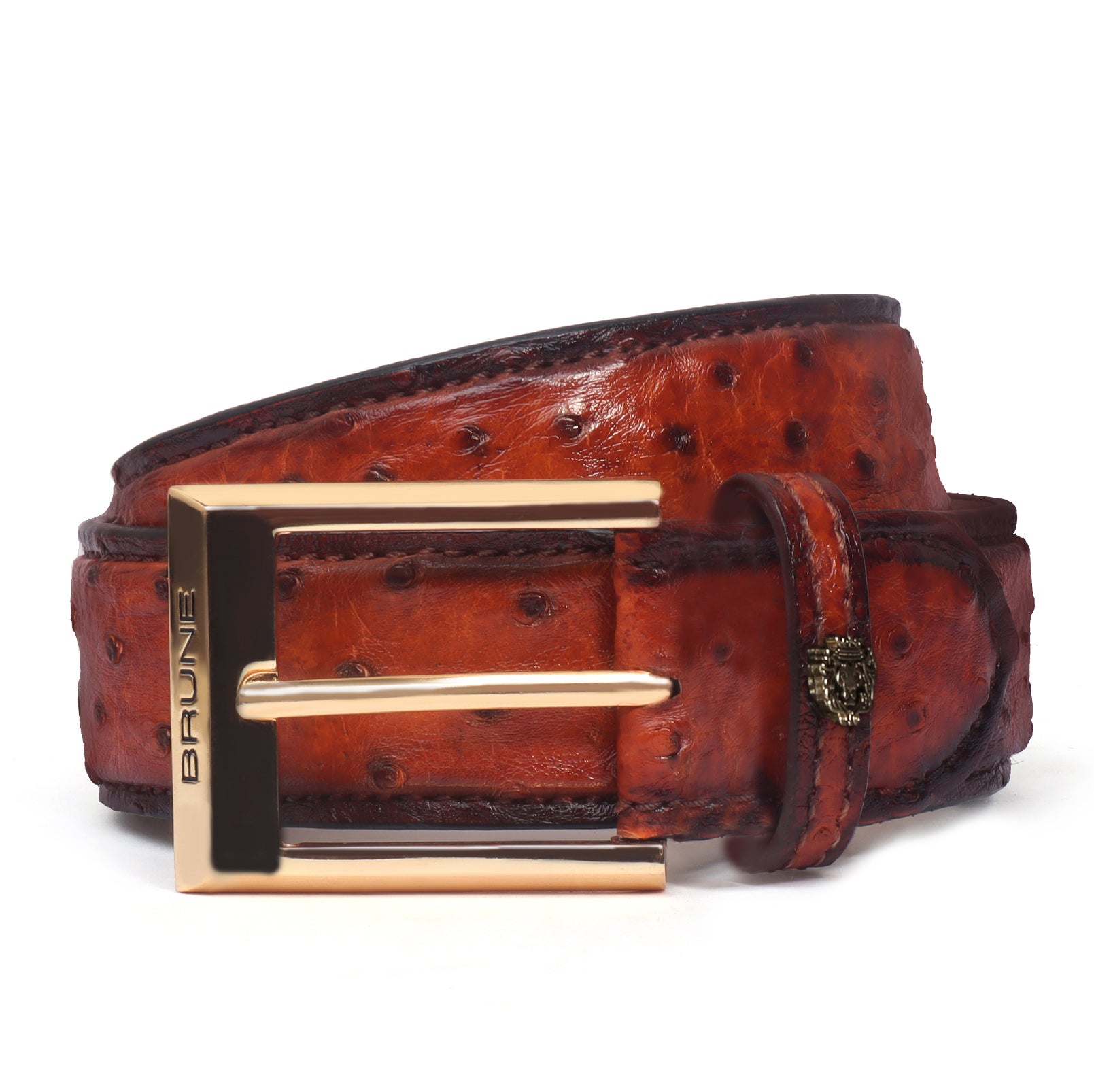 Orange Authentic Ostrich Leather Belt with Golden Square Buckle