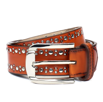 Tan Mixed Size Silver Studded Leather Belt