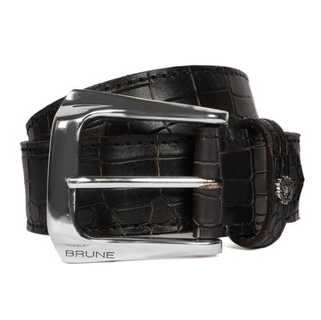 Slant Shape Silver Buckle Belt in Black Croco Textured Leather With Metal Lion By Brune & Bareskin