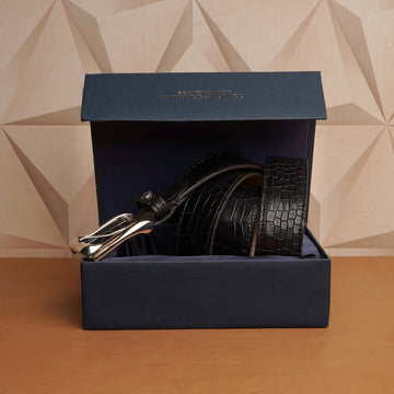 Slant Shape Silver Buckle Belt in Black Croco Textured Leather With Metal Lion By Brune & Bareskin