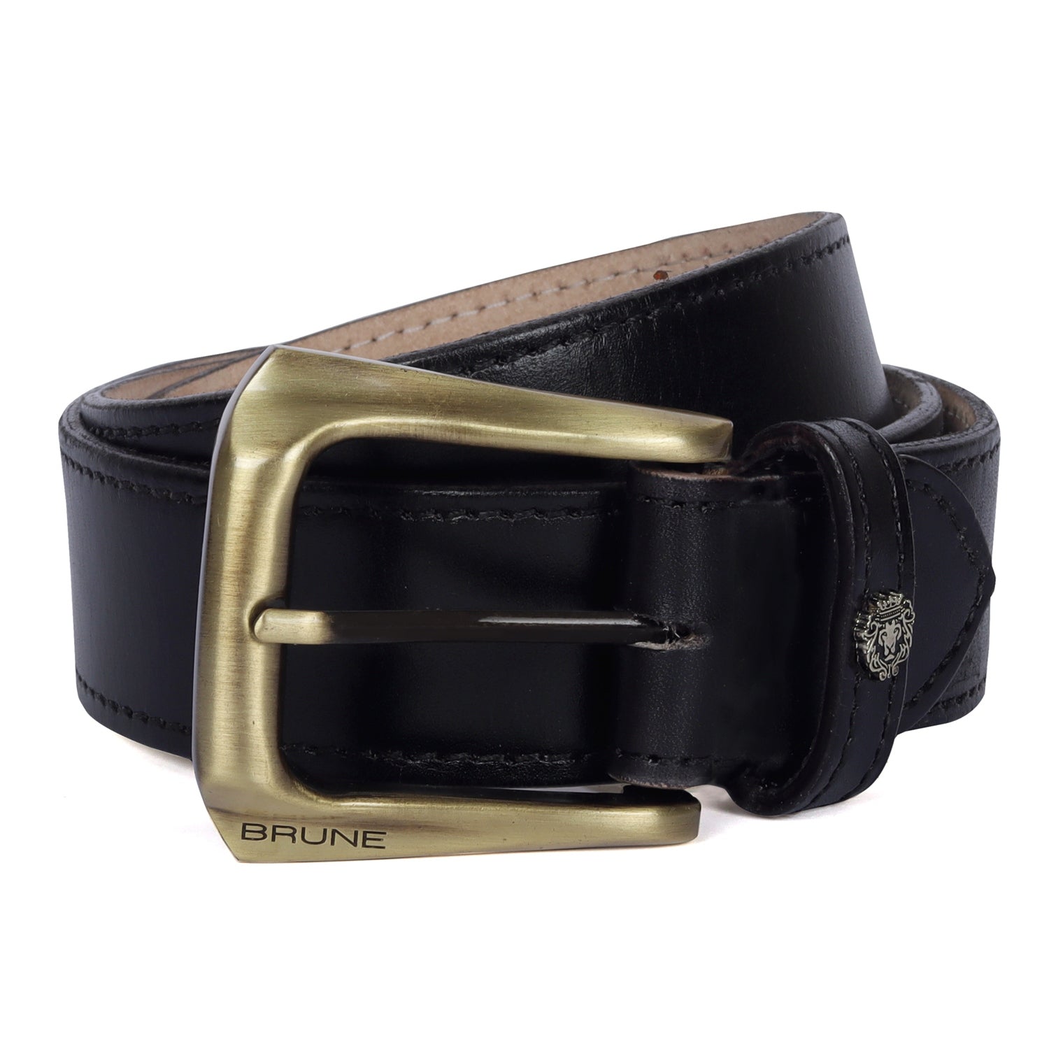 Mini Lion Black Leather Belt For Men with Smokey Gold Slant Shape Buckle By Brune & Bareskin