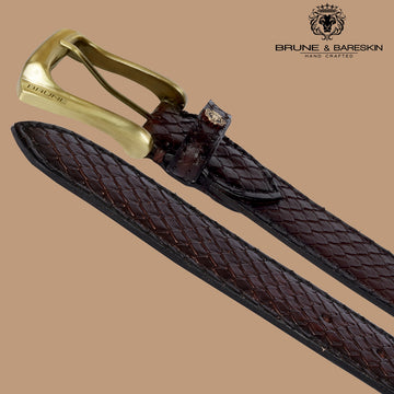 Stylish Smokey Gold Buckle Belt Snake Skin Textured Dark Brown Leather by Brune & Bareskin