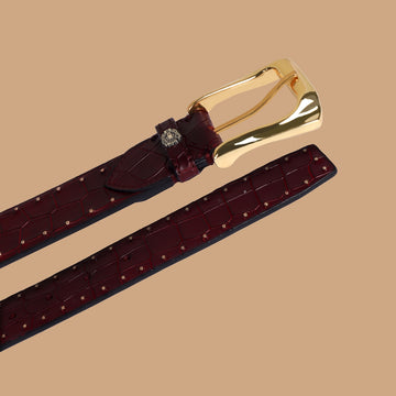 Wine Belt Pint-Sized Stud Detailing Croco Textured Leather with Golden Slant Shape Buckle By Brune & Bareskin