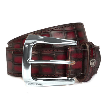 Smokey Finish Wine Belt in Croco Textured Leather Silver Finished Buckle By Brune & Bareskin