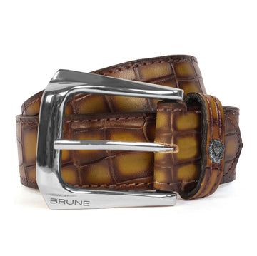 Smokey Finish Olive Belt For Men in Croco Textured Leather with Silver Finished Buckled By Brune & Bareskin