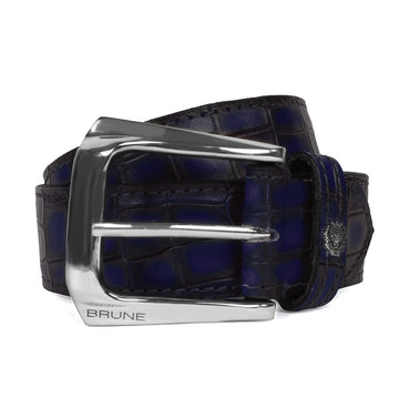 Smokey Blue Deep Cut Leather Belt Slant Shape Buckle With Metal Lion By Brune & Bareskin
